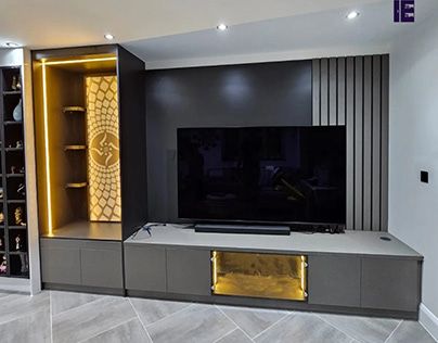 Tv Unit Grey And White, Tv Unit With Pooja Unit Design Modern, Grey Tv Unit Living Room, Tv Unit With Puja Unit Modern, Floor Tv Unit, Tv Unit With Temple Design, Tv Unit With Puja Unit, Tv Unit With Pooja Unit, Temple Unit