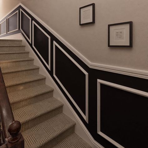 Black And White Panelling, Black Panelling Hallway, Hall Panelling, Stair Panelling, Panelling Diy, Stairs Upgrade, Staircase Paneling, Black And White Hallway, Stairs And Hallway Ideas