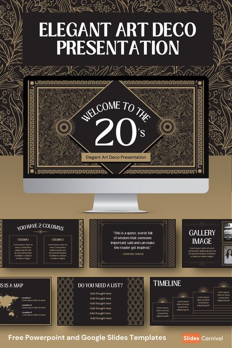 Indulge in the elegance of the 20s with our Luxury Art Deco PowerPoint and Google Slides templates. Ideal for marketing professionals seeking to add a touch of sophistication to their business presentations. The black and gold palette, alongside the intricate Art Deco patterns, adds a captivating charm. Embellish your content with these refined templates and impress your audience. Start creating your unique presentations now with these elegant, art-deco themed templates. Art Deco Powerpoint, Art Deco Presentation Design, Art Deco Layout Design, Art Deco Template, Art Deco Presentation, Art Deco Layout, Art Deco Website, Black And Gold Art Deco, Gold Art Deco Pattern