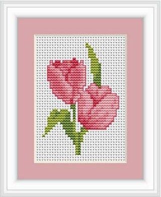 Kit cuadro de punto de cruz - Tulipanes rosas Tulip Cross Stitch, Flower Quilts, Small Cross Stitch, Mini Cross Stitch, Pola Sulam, Cute Cross Stitch, Cross Stitch Cards, Diy Cross Stitch, Floral Cross Stitch