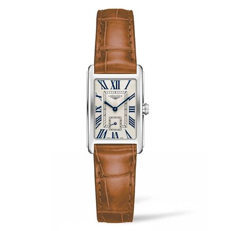 Longines Dolce Vita, Timepiece Design, Brown Leather Strap Watch, Longines Watch, Watches Women Leather, Bespoke Rings, Bracelet Cuir, Roman Numeral, Brown Leather Strap