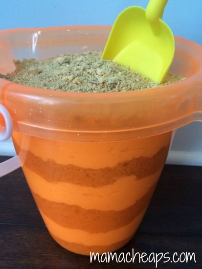 summer sand cake bucket shovel recipe b Sand Cake In Bucket, Sand Cake Recipe, Beach Desserts For Kids, Sand Pudding Dessert, Sand Bucket Cake, Summer Treats For Kids, Beach Barbeque, Cream Cheese And Cool Whip, Sand Pudding