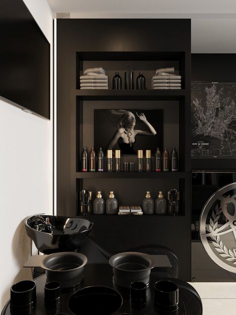 Beauty Saloon on Behance Floating Stations Salon, Beauty Salon Interior Black And White, Goth Hair Salon Decor, Black Floor Salon, Speakeasy Hair Salon, Dark Salon Interior Design, Gothic Beauty Salon, Gothic Hair Salon Decor, Black And White Aesthetic Hair Salon