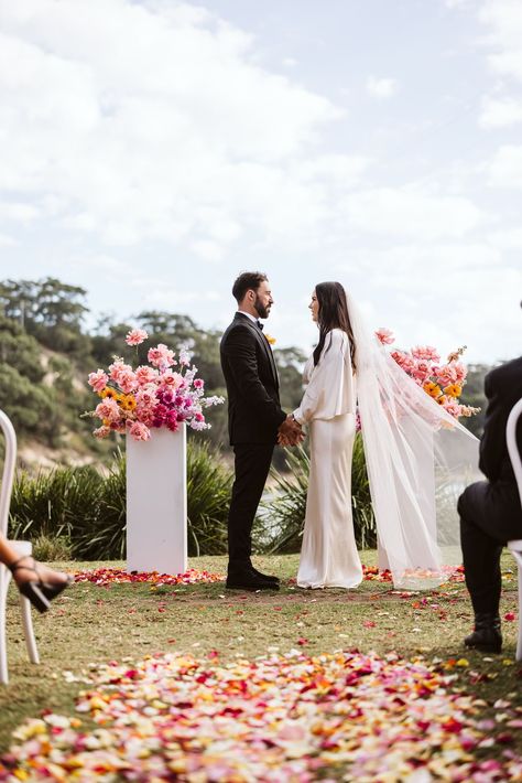 Wedding Plinth Flowers, Colourful Wedding Ceremony, Flower Archway, Jervis Bay, Simple Wedding Flowers, Books Open, Aisle Flowers, Wedding Ceremony Arch, Sedona Wedding