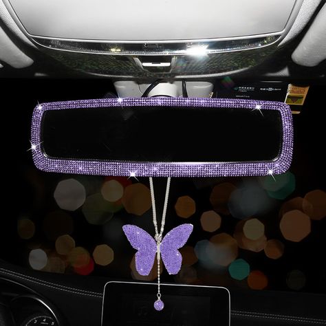 PRICES MAY VARY. Packing List: 1 PC Butterfly Car Trim Accessories; 1 PC Bling Rhinestone Car Rear View Mirror High-quality materials:Made of quality alloys and shiny rhinestones,featuring a certain weight and nice texture,The alloy adopts high-quality electroplating process, which is durable and does not fade. Dimension: Size of Crystal Mirror--27.5*8.5cm/10.6*3.1 inch (Length*Wide). Size of Butterfly Accessories --full length 21.5 cm/8.46 inch. Perfect as a gift for your friends and family on Purple Car Interior Decor, Light Purple Car Accessories, Y2k Car Accessories, Y2k Car Decor, Purple Car Decor, Cute Car Accessories Interiors Ideas, Decorated Car Interior, Purple Car Accessories, Girly Car Decor