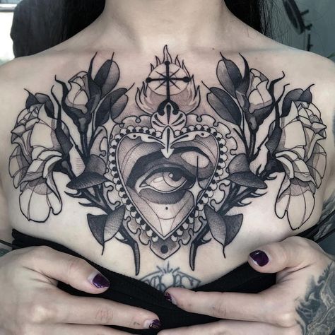 Neo Traditional Chest Tattoo, Traditional Chest Tattoo, Traditonal Tattoo, Goth Tattoo, Chest Tattoos For Women, Chest Piece Tattoos, Tattoo Portfolio, Knee Tattoo, Best Tattoo Designs