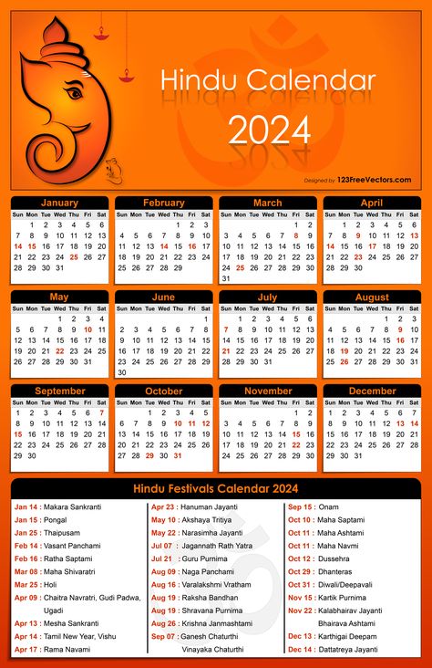 Free Download Hindu Festivals Calendar 2024 with Lord Ganesha. Printable One Page Yearly Tabloid Size (11 in x 17 in / 279 mm x 432 mm - Wire-O Calendars) Hindu Wall Calendar Ai Vector Print Template in Portrait Orientation (Vertical), Place for Photo, Company Logo or Graphics. Free Editable Annual Poster Calendar 2024 is available in Adobe Illustrator Ai, Eps {Version 10+} & High Resolution PDF file formats. Free for Personal and Commercial Use. Hindu Calendar 2024, Calander 2024 Ideas, Hindu Nav Varsh 2024, Ganesha Printable, Calander Design Ideas, 2024 Calendar Printable Free, Hindi Calendar, Hindu Nav Varsh, Printable Calendar Design