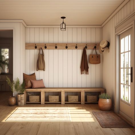 Step into the 'Country Glow', where the often-overlooked farmhouse mud room takes center stage, shining with grace and splendor. More than just a practical space, it radiates with a special luminosity reminiscent of sun-dappled meadows and morning mist over farmlands. With its thoughtful design, rustic touches, and the perfect play of light, the 'Country Glow' mud room isn’t just a place to leave behind the day's wear—it's a radiant invitation into the comforting embrace of home. Rustic Country Interior, Farm Style Laundry Room, Rustic Entrance Hall, Rustic Modern Mudroom, Mediterranean Mud Room, Modern Farmhouse On A Budget, Mud Room Entry Farmhouse, Big Mudroom Ideas, Dining Room Mudroom Combo