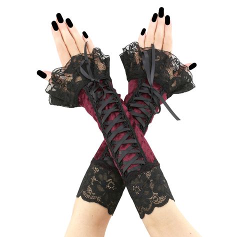 Gothic gloves are a stylish and edgy accessory that can add a touch of drama to any outfit. Typically made from materials like lace, or velvet, gothic gloves often feature intricate designs, such as studs, or intricate embroidery. Perfect for completing a gothic-inspired look or adding a touch of mystery to a more traditional outfit, gothic gloves are a versatile accessory that can elevate any ensemble. gloves without fingers with corset laced and ruffled for gothic bride 01D long fingerless glo Red Goth Accessories, Red And Black Gloves, Red Steampunk Aesthetic, Vampire Goth Clothes, Vampire Clothes Women, Red And Black Goth Outfits, Women Vampire Costume, Goth Vampire Costume, Vampire Fashion Aesthetic