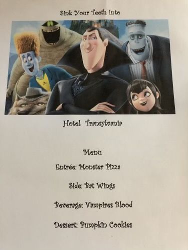 Monsters Inc Movie Night Dinner, Hotel Transylvania Dinner Family Movies, Fall Movie Themed Dinner, Hotel Transylvania Dinner Ideas, Disney Movie Night Menu Halloween, Netflix Dinner And A Movie, Family Movie Dinner Night, Hotel Transylvania Themed Dinner, Halloween Movie And Dinner Theme