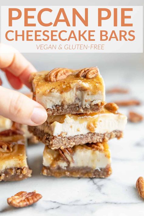 Pecan Pie Cheesecake Bars, Vegan and Gluten-Free! You are going to love these clean eating bars! Pecan Pie crust with dairy-free, no bake cheesecake filling. Dairy Free Pecan Pie, Pecan Pie Cheesecake Bars, No Bake Cheesecake Filling, Pecan Pie Crust, Vegan Pecan Pie, Vegan Pecan, Pecan Pie Cheesecake, Pie Cheesecake, Gluten Free Cheesecake