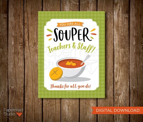 "Show your gratitude with this soup themed wall poster!  It's a great way to decorate for a staff appreciation event! While the checkered border goes all the way to the edge of the 8 1/2 x 11\" image, the main part of the design fits within an 8x10\" area, so you can use the image as is at 8.5x11\" or trim it to fit in a frame at 8x10\".  The single image that is included with your purchase will fit both formats. This sign has been designed as a flat, single-sided print. Your purchase includes o Thank You Sign, A Staff, Teacher Cards, Staff Appreciation, Teacher Printable, Valentine Treats, Teacher Appreciation Week, Printable Decor, Change Text