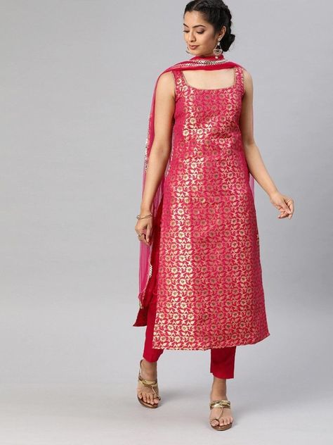 Sleeveless Banarasi Kurti, Luxury Pink Banarasi Silk Unstitched Suit, Banarasi Silk Kurta Set, Silk Kurti Designs For Stitching, Pink Banarasi Suit, Banarasi Suit Designs Indian Style, Partywear Kurti Designs, Silk Chudidar Salwar Suits, Square Neck Suit Indian