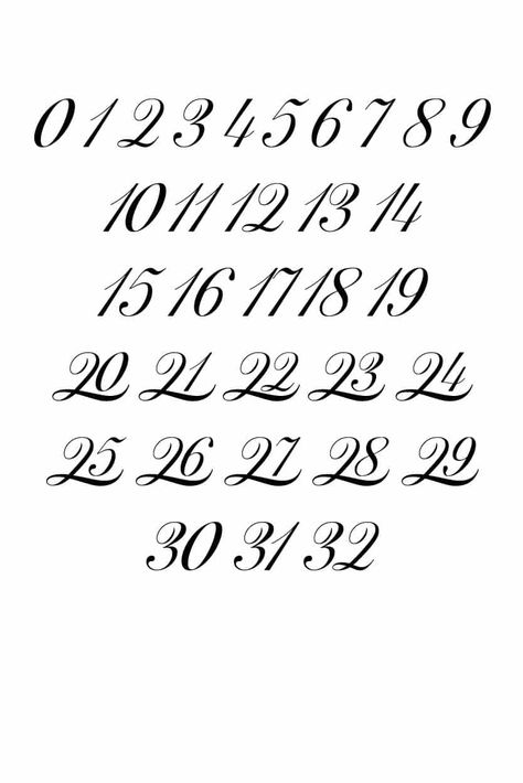 Free Printable Fancy Calligraphy Numbers 0-32 - Freebie Finding Mom Calligraphy Numbers Tattoo, Best Number Fonts For Tattoos, 0 Tattoo Number, Elegant Number Fonts, Fancy Numbers Calligraphy, How To Write Numbers Fancy, Cursive Handwriting Numbers, How To Write Numbers, Fonts Handwriting Numbers