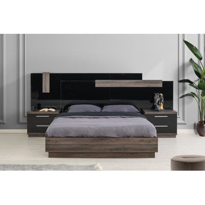 Bedroom makeover becomes a breeze with this bedroom collection. Bring your bedroom into the 21st century with this set which features a platform bed, 2 nightstands, a 6-drawer dresser with a mirror, 5-drawer chest. Each piece sold individually is crafted from textured wood veneer with a pop of contrast with a shiny black colour that's sure to draw attention. The grand headboard with LED light encompasses both nightstands (left and right) in perfect harmony. Complete the look by acquiring all col Queen Bed Dimensions, Led Beds, Textured Wood, Bed Dimensions, Platform Beds, Bedroom Bed Design, Bed Furniture Design, Black Bedding, Bedroom Collection