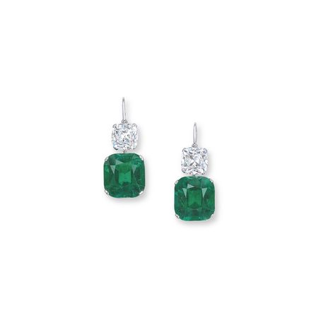 A PAIR OF EMERALD AND DIAMOND EAR PENDANTS | earrings, diamond | Christie's Cushion Cut Earrings, Jewelry Emerald, Tiaras Jewellery, Diamond Pendent, Cut Earrings, Polki Jewellery, Unusual Jewelry, Diamond Earring, Pendent Necklace