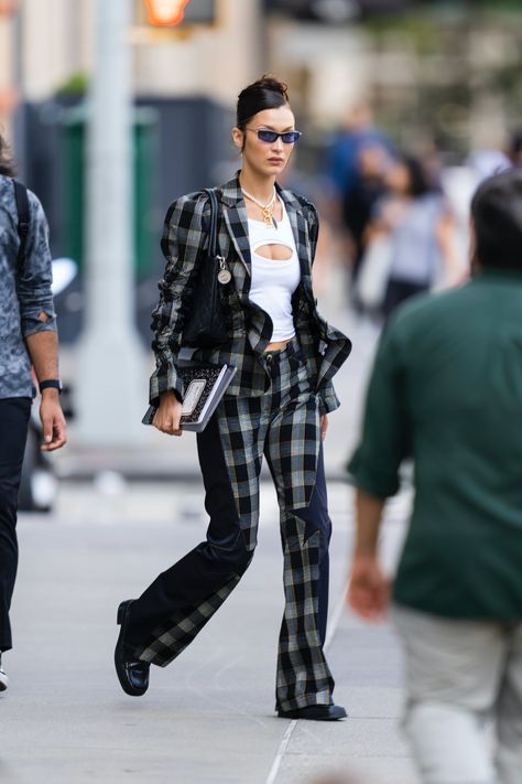 Plaid Matching Sets Are A Celebrity Favorite For Fall Chanel Skirt Suit, Bella Hadid News, Bella Hadid Street Style, Matching Pants Set, Chanel Skirt, Plaid Set, Style Transformation, Striped Pant, Bella Hadid Outfits