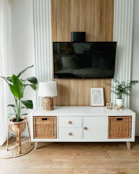 a stylish IKEA Kallax TV console with woven drawers and doors with knobs is a cool solution for a Scandinavian space Kallax Tv Console, Ikea Kallax Tv, Aesthetic Home Design, Floor Seating Living Room, Ikea Living Room, Home Decor Aesthetic, Ikea Kallax, Living Room Background, Kallax Ikea