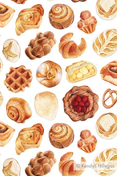 Pencil Food, Croissant Illustration, Pastry Illustration, Bread Illustration, Bread Pattern, Breads And Pastries, Watercolor And Colored Pencil, Watercolor Food Illustration, Dessert Illustration