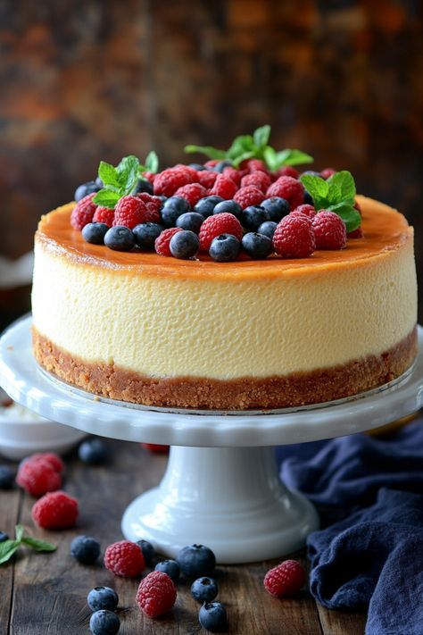 Cheesecake topped with fresh raspberries, blueberries, and mint leaves on a white cake stand. Cheesecake Birthday Cake Ideas, Best Cake Flavors Combinations, Cheesecake Recipe Ideas, New York Style Cheesecake Recipe, Gourmet Cheesecake, Best Cake Flavours, Thanksgiving Cheesecake, Cheesecake Ideas, Decadent Cheesecake