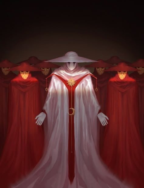 Cultist Rpg, Cult Leader Oc, Sun Cleric, Red Eyes Character, Creepy Priest, Sun Priest, Moon Monster, Red Cloak, Red Monster