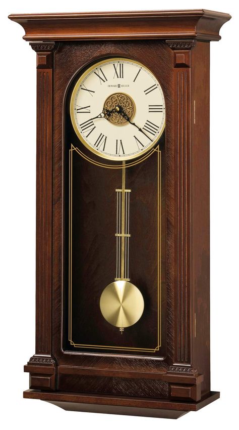 PRICES MAY VARY. WALL CLOCK: This Sinclair Wall Clock features a Cherry Bordeaux finish on select hardwoods and veneers to compliment your home decor. It has an inverted V-matched teak wood veneer on front, fluted columns, and gold detail on the glass. DURABLE: The wooden frame will relieve stress in a busy household. Hang it in the kitchen, office, or living room for a vintage piece with black traditional Roman numerals (IIII instead of IV), brass-tone bezel, brass-finished grid pendulum, and b Chiming Wall Clocks, Howard Miller Wall Clock, Clock Ideas, Fluted Columns, Howard Miller, Wood Clock, Mantel Clocks, Wooden Sofa, Wooden Wall Clock