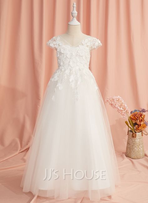 A-Line Floor-length Flower Girl Dress - Tulle Short Sleeves V-neck With Lace/Flower(s) (010255691) - JJ's House Flower Girl Dresses Floor Length, Neck Flower, Girls Tulle Dress, Girls Dresses Online, Flower Sleeve, Ball Gowns Princess, Dresses Fall, Girl Sleeves, Tulle Flower Girl