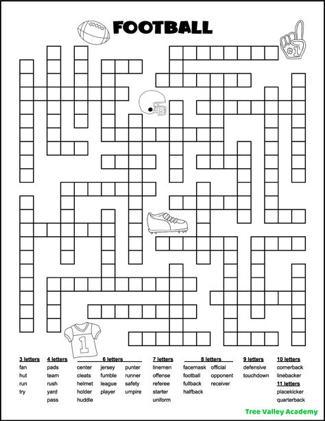 A black and white printable football fill in word puzzle. The word puzzle has 40 football words to fit in the puzzle, ranging from 3 letter words to 11 letter words. The puzzle is decorated with pictures that can be colored. There are pictures of a football, helmet, cleat, jersey, and #1 fan finger. Football Crossword Puzzle Free Printable, Fill In Crossword Puzzles Printable, Free Superbowl Party Printables, Word Fill In Puzzles Free Printable, Free Word Search Printables, Word Puzzles For Adults, Valentine Messages For Wife, Crossword Puzzles For Adults, Printable Games For Adults