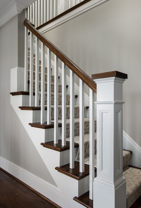 Stair Colors, Lake Stairs, Lake Front Cottage, Craftsman Stairs, Craftsman Staircase, Build Stairs, Stairs Skirting, Stair Railing Ideas, Whole House Remodel