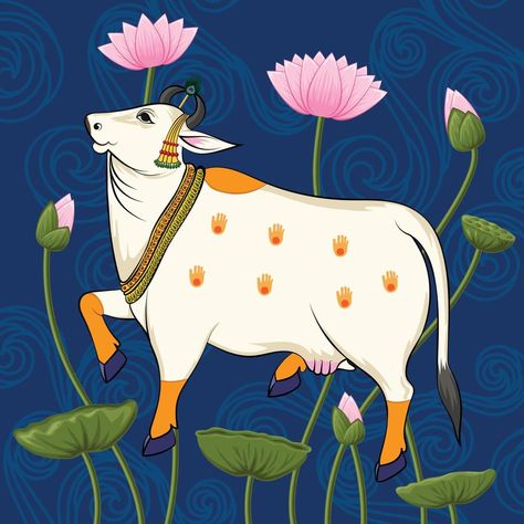 Rajasthani Painting, Cow Art Print, Traditional Folk Art, Cow Drawing, Lotus Painting, Fabric Painting Techniques, Pichwai Paintings, Linen Fabrics, Cow Painting