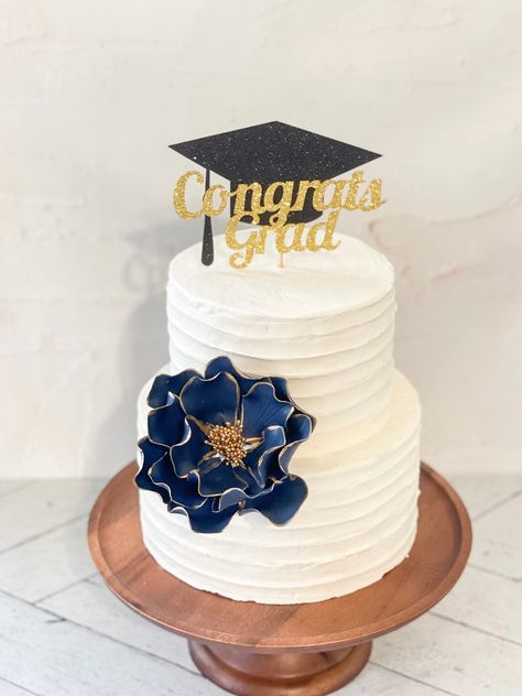 Navy Blue Graduation Cakes, Blue Graduation Cakes, Blue And Gold Graduation Cake, 2 Tier Graduation Cake, Grad Desserts, Simple Graduation Cakes, Congrats Grad Cake, Asu Graduation, Dessert Table Graduation