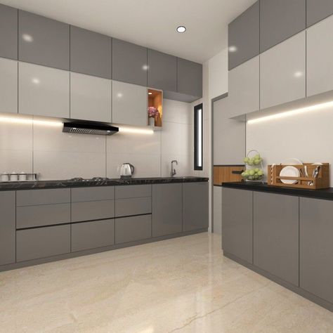 kitchen cabinet color ideas modern Grey Kitchen With Black Countertops, Grey Modular Kitchen, Black Grey Kitchen, Kitchen Unit Designs, Kitchen Ceiling Design, Modern Grey Kitchen, Interior Design Kitchen Small, Kitchen Modular, Kitchen Cupboard Designs