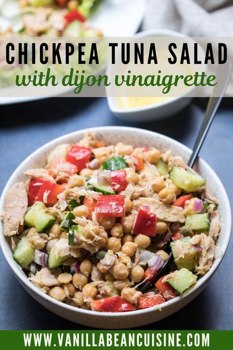 This Chickpea Tuna Salad features canned tuna combined with chickpeas, cucumbers, red pepper, and capers tossed in a lemon-dijon vinaigrette. Delicious, healthy, and perfect for make-ahead lunches!  #chickpeatunasalad, #tunasalad, #chickpeas, #tuna, #tunaandchickpeasalad, #lunch, #salad, #healthylunch Chickpea And Tuna Recipes, Chickpea Tuna Salad, Chickpea Tuna, Tuna Sushi, I Lost 100 Pounds, Vegetarian Main Course, Lunch Prep, Lunch Salad, Dijon Vinaigrette