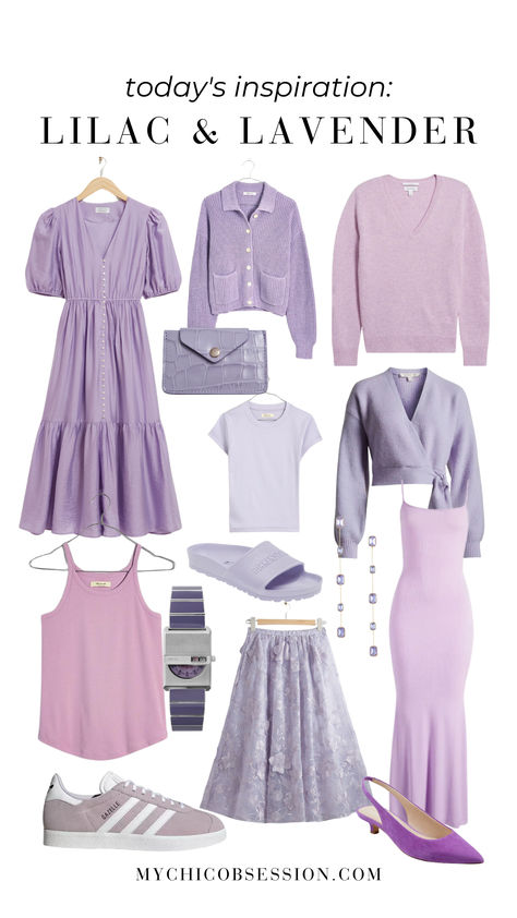 Spring outfits are the perfect opportunity to incorporate a pastel piece into your look. Here are a few lilac and lavender pieces for inspiration. Lavender Spring Outfits, Purple Dresses Casual, Pastel Casual Outfit, Lilac Outfit Ideas, Muted Wardrobe, Lilac Clothes, Lavender Outfit Ideas, Soft Pastel Outfits, Lilac Outfits