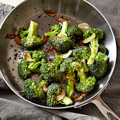 Pan-Roasted Broccoli with Garlic | Williams-Sonoma Sauteed Asparagus Recipes, Broccoli With Garlic, Sauteed Asparagus, Beach Treats, Roasted Broccoli Recipe, Roasting Vegetables, Broccoli Dishes, Garlic Roasted Broccoli, Parmesan Broccoli