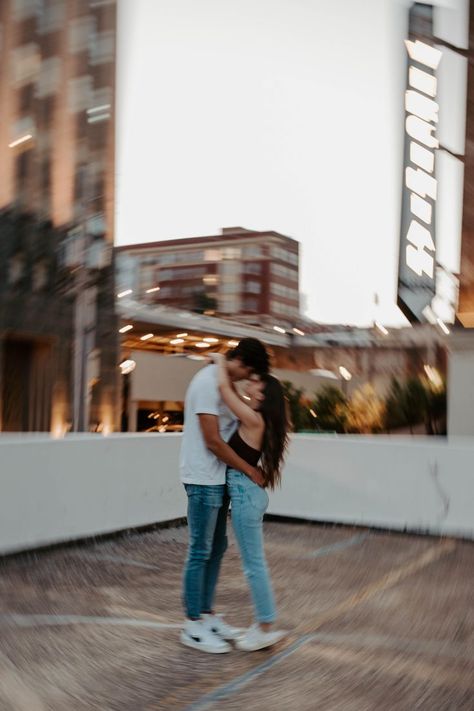 Downtown Lynchburg // Downtown Photoshoot // Downtown Couples shoot // Downtown Engagement // creative photography // blurred photography // blurry photography Couple Parking Lot Pictures, Downtown City Couples Photoshoot, Couples Photoshoot Parking Garage, Downtown Couple Photoshoot Summer, Casual Downtown Engagement Photos, Parking Garage Engagement Photoshoot, Couples Downtown Photoshoot, Garage Couple Photoshoot, Downtown Couples Photoshoot