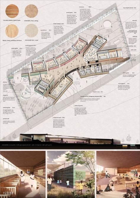 Africa School Architecture, Preschool Architecture Design, Architecture Preschool, School Concept Architecture Ideas, Architecture School Design, Competition Architecture, Section Drawing Architecture, School Exterior, Presentation Board Design