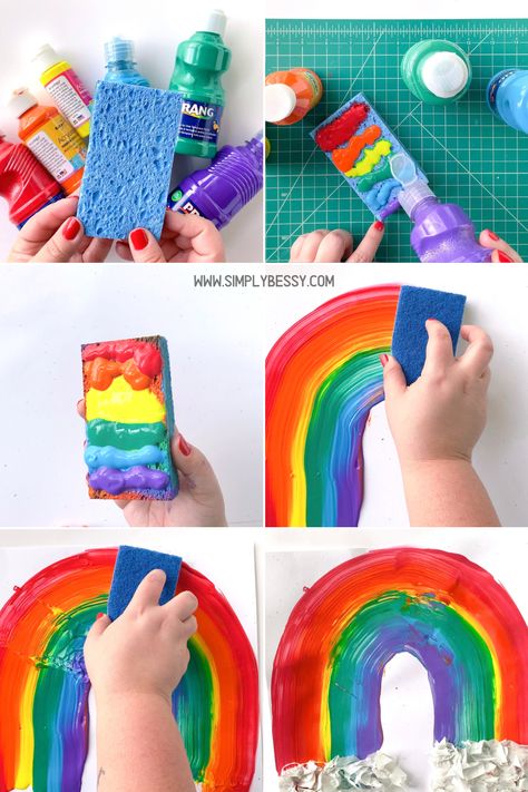 Rainbow Painting Preschool, Rainbow Sponge Painting, Paint Activity For Preschoolers, Rainbow Art Ideas, Rainbow Art Projects For Preschool, Rainbow Toddler Art, Painting Ideas Toddlers, Rainbow Craft For Toddlers, Toddler Rainbow Craft