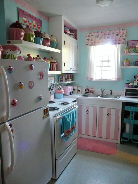 Cupcake Themed Kitchen, Pink And Teal Kitchen Decor, Simple Cabinet Doors, Funky Kitchens, Kitchen Decor Simple, Cupcake Kitchen Decor, Girly Kitchen, Simple Cabinet, Kitchen Decor Grey