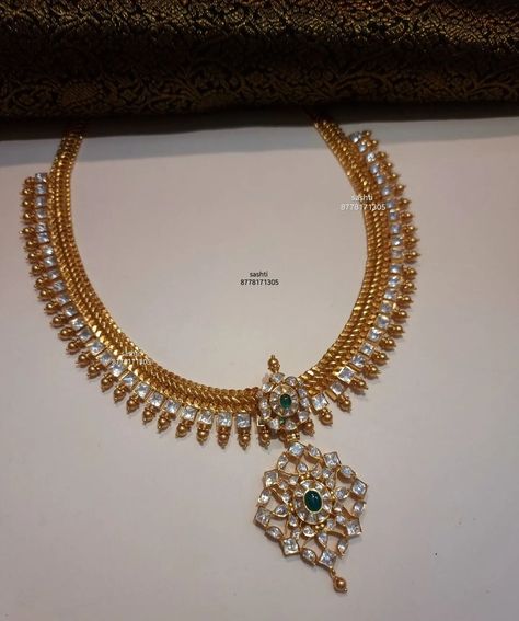 Gold Plated Silver Attigai Necklace From Silver Sashti • South India Jewels Attigai Necklace Gold, Stone Attigai, Jalebi Necklace, Indian Gold Jewellery Design, Diamond Earrings Design, Jewelry Set Design, Jewellery Indian, Antique Jewelry Indian, Gold Jewelry Sets