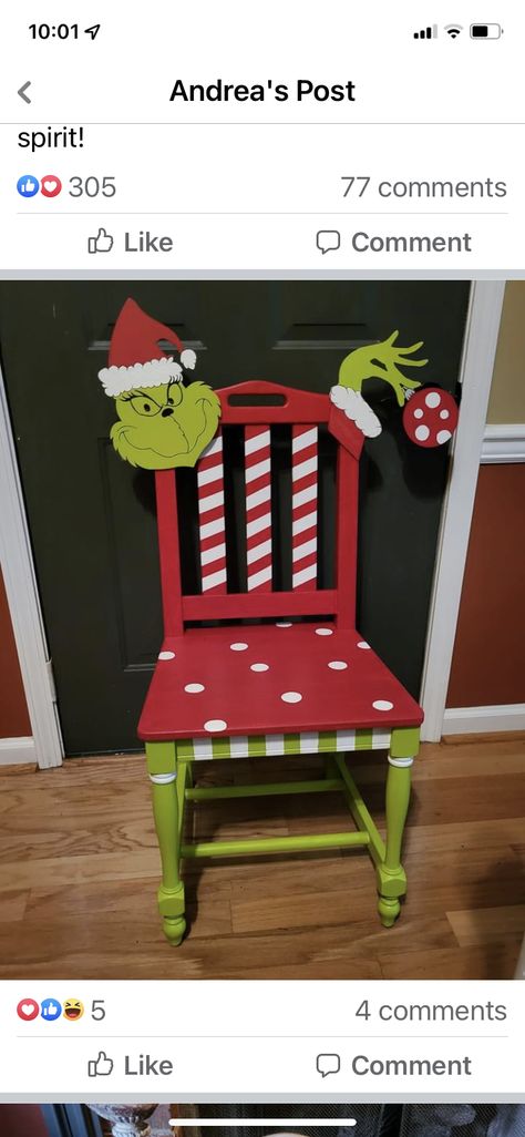 Raz Elf Christmas Decorations, Painted Christmas Chairs Ideas, Chair Of Cheer Grinch, Grinch Painted Chairs, Grinch Chair, Grinch Goodies, Whoville Decor, Decorated Chairs, Arizona Christmas