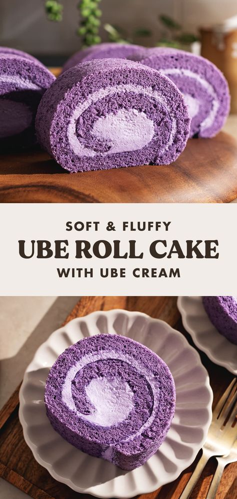 This ube roll cake is made with a soft and fluffy ube chiffon cake that rolls up perfectly without tearing or rippling. It's filled with ube whipped cream to complete this vibrant purple dessert! #ube #rollcake #swissroll #ubecake | teakandthyme.com Ube Swiss Roll, Ube Bundt Cake Recipes, Ube Cake Recipes Easy, Ube Cookies Filipino Desserts, Ube Roll Cake, Ube Desserts Filipino Food, Ube Cinnamon Rolls, Ube Cream Cheese Frosting, Ube Desserts Recipes Easy