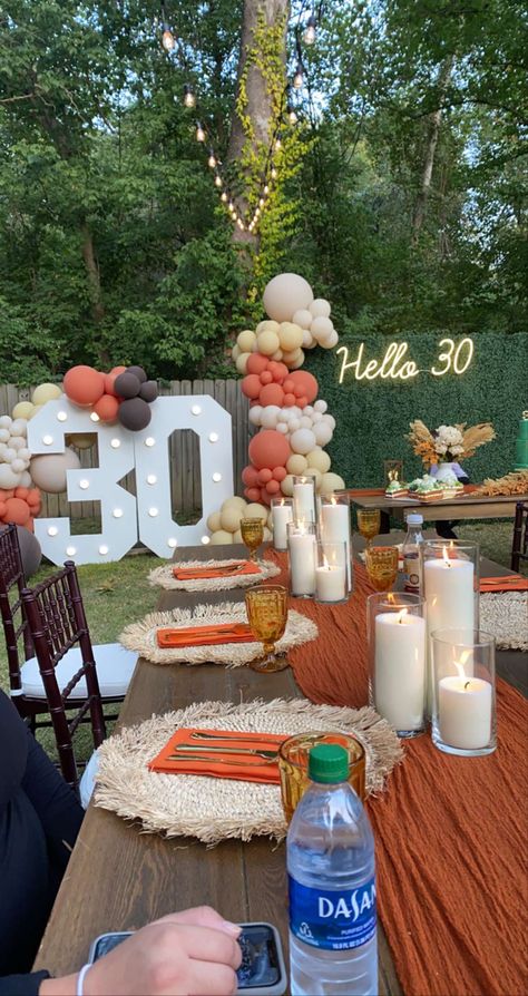 Boho 30th Birthday Party Decor, Birthday Ideas For Fall Birthdays, 30th Backyard Party, Elegant Fall Birthday Party Ideas, Boho Themed 30th Birthday Party, Small Party Themes, October Party Decorations, Fall Color Party Ideas, Outside 30th Birthday Party Ideas