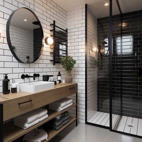 7+ Ways to Style a Modern Small Black and White Bathroom • 333+ Art Images Small Black And White Bathroom, Modern Bathroom Design Black, Bathroom Inspo Interior Design, Black Tile Bathrooms, Black And White Tiles Bathroom, Black And White Bathroom, Bathroom Design Black, Black White Bathrooms, Bed In Closet Ideas