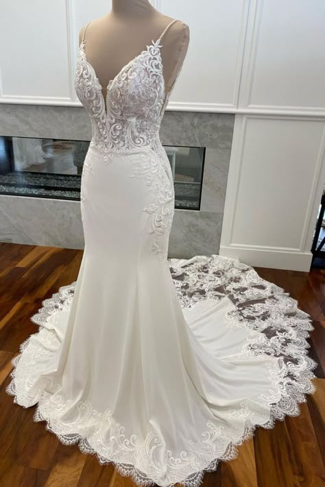 Wedding Dress Silk Bottom Lace Top, Lace Top Simple Bottom Wedding Dress, Half Lace Half Satin Wedding Dress, Fit And Flare Crepe Wedding Dress, Lace Crepe Wedding Dress, Fit And Flat Wedding Dress, Wedding Dress Slim Fit Long Train, Satin With Lace Wedding Dress, Lace And Crepe Wedding Dress