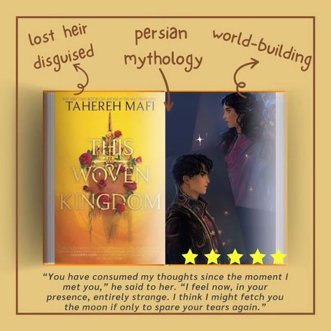 This Woven Kingdom by Tahereh Mafi Such a 5 star read!! First in her trilogy following a lost heir and crown prince through immersive world-building centering around Persian mythology. - enemies to lovers - potential love triangle (but not in a bad way) - baddassery and romance - magic 💫 . . . . #book #books #bookshelf #bookstagram #bookstoread #booktok #bookrec #reading #fantasy #romantasy #Mythology #tiktok #bookblogger This Woven Kingdom, Woven Kingdom, Persian Mythology, Tahereh Mafi, Books Bookshelf, Enemies To Lovers, Love Triangle, Book Recs, Bookish Things