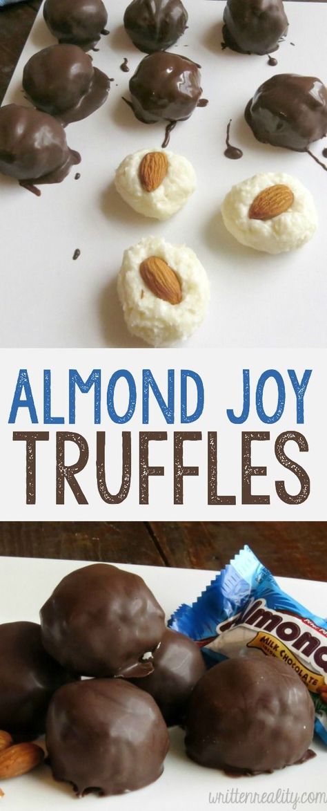 This recipe for Almond Joy Truffles tastes just like the candy bar! It’s filled with a creamy coconut center, topped with an almond, and covered in dark chocolate. You are going to love this dessert! Almond Joy Truffles Recipe, Truffles Desserts, Almond Truffles, Chocolate Bites, Candy Truffles, Kolaci I Torte, Dessert Aux Fruits, Christmas Candy Recipes, Almond Joy