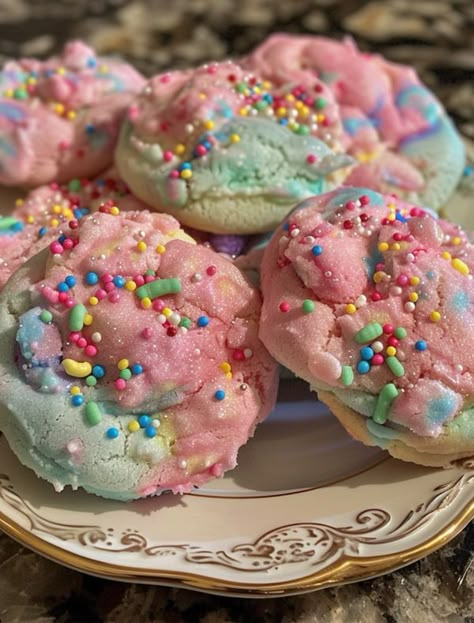 Cotton Candy Cookies Recipes, Neopolitan Dessert, Cotton Candy Recipe, Cotton Candy Cake, Candy Cookies Recipes, Micro Bakery, Fluffy Buttercream, Cotton Candy Cookies, Giant Cookies