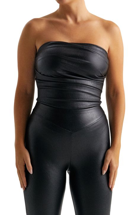 Naked Wardrobe Pleated Strapless Faux Leather Bodysuit available at #Nordstrom Leather Bodysuit, Faux Leather Top, Naked Wardrobe, Strapless Tops, Sweetheart Neck, Black Bodysuit, Black Fits, Versatile Style, Long Sleeve Bodysuit