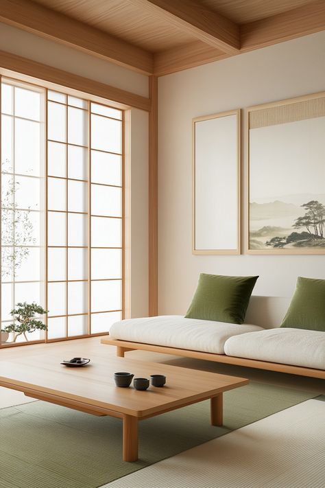 Discover the serenity of minimalist living room decor with this Japanese-inspired setting. Simple lines, natural materials, and a calming color palette create a peaceful and inviting atmosphere. Perfect for relaxation and mindfulness. #livingroomdecor #JapaneseStyle #MinimalistDesign Japanese Minimalism Interior, Japanese Modern Living Room, Zen Living Room Decor, Japanese Inspired Living Room, Zen Apartment, Japanese Minimalist Home, Calming Color Palette, Tatami Living Room, Japanese Style Living Room